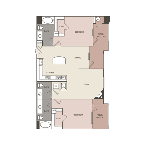 A floor plan of a house with a living room, dining room, kitchen, two bedrooms, and a closet.